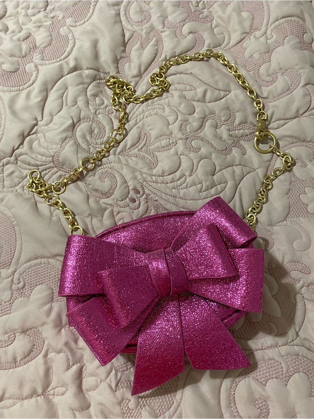 Betsey Johnson Hot Pink Glitter Bow Crossbody with Gold Chain